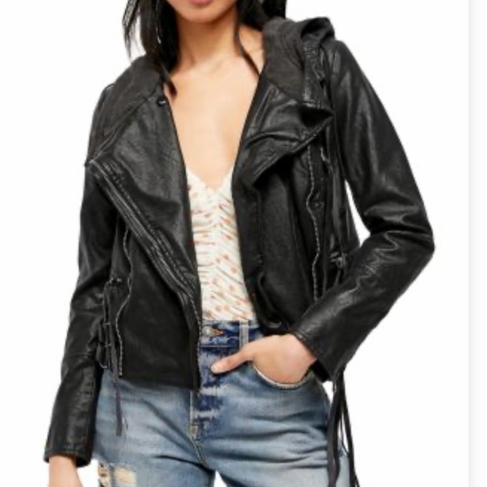We The Free Black Faux Leather Hooded Moto Jacket